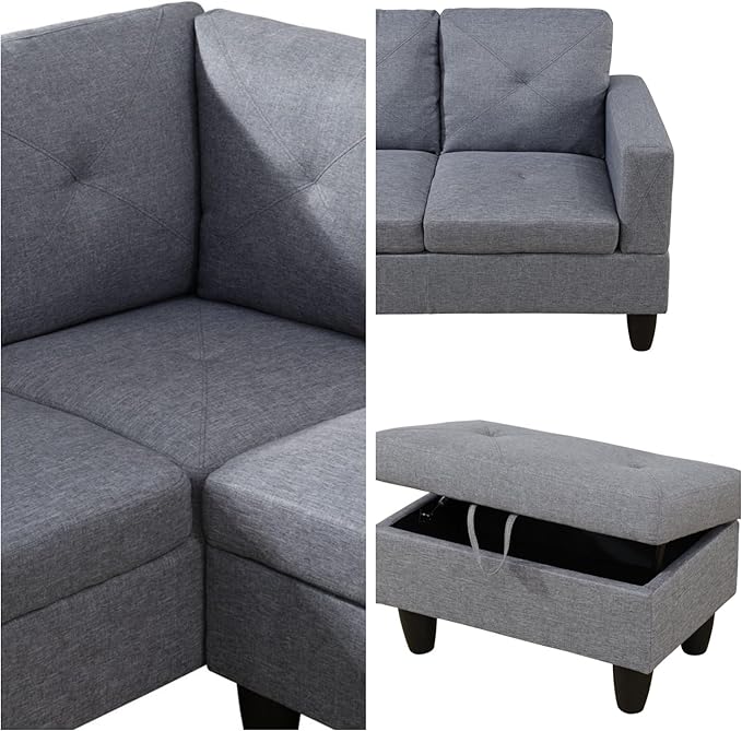 L-Shaped Sectional Sofa with Movable Chaise & Storage Ottoman, Lounge 3-Piece Modular Convertible Couches for Living Room, Apartment & Office, Grey