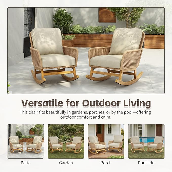Christopher Knight Home Nadine Patio Rocking Chair, Wicker Rocker, Wood Leg Rocking Chair, PE Rattan Wicker Chair, Rocking Chair with Cushions, Comfort Wicker Rocker for Backyard Balcony Porch, Beige - Image 5