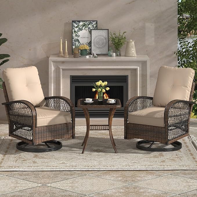 EROMMY 3 Pieces Patio Furniture Set, Outdoor Swivel Rocker Patio Chairs, Wicker Patio Bistro Set with Rocking Chair, Thickened Cushions and Glass Coffee Table for Backyard, Garden, Khaki