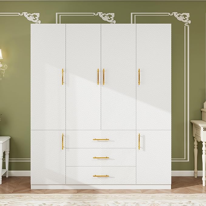 Armoires Wardrobe Closet Wood: Large Wardrobe Closet 4 Door White Storage Cabinet with 3 Drawers, Shelves and 2 Hanging Rods for Hanging Clothes