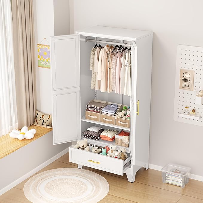 Ckzbx 71" H Metal Armoire Wardrobe Closet with Drawer, Adjustable Shelf, Clothes Drying Pole, Clothes Storage Closet for Bedroom (White)