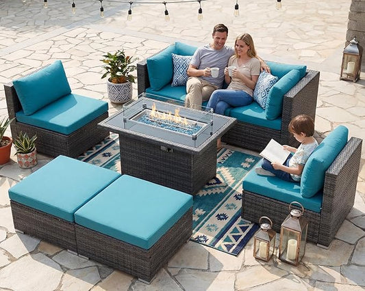 NICESOUL 29.3'' High-Back Outdoor Patio Furniture Set with Firepit Propane & Natural Gas, Oversized Deep Seat Rattan Conversations for Tall People, 7 Piece Couches, 2 Color Cushions Turquoise & Grey