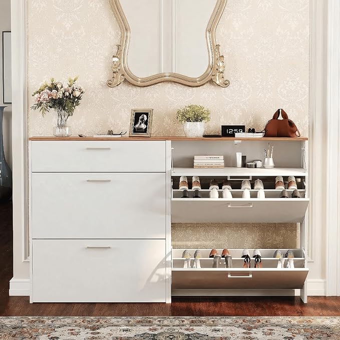 VINGLI Set of 2 Shoe Cabinet for Entryway, 2-Pack 31.5" W Extra Wide Slim Shoe Organizer with 2 Flip & 1 Drop-Down Drawers, Modern White Shoes Rack with Oak Top, Narrow Cabinet for Hallway by VINGLI
