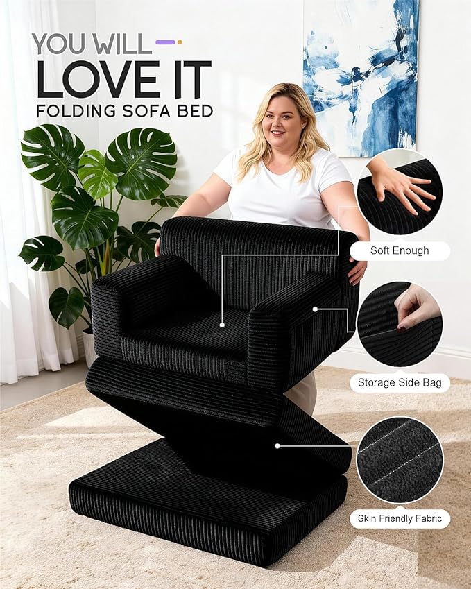 Boneless Couch Sofa Bed, Convertible Sleeper Chair with One-Piece High-Density Foam (No Lumps), Foldable Floor Mattress for Adults Guest Gaming, Non-Slip, Side Pockets, 84"x35", No Assembly