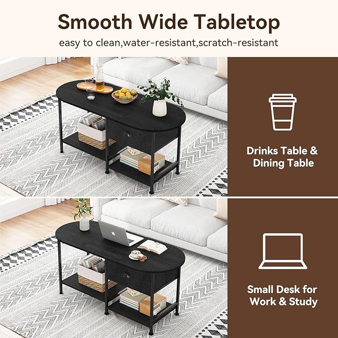37" Oval Small Coffee Table with Storage,Modern Wood Living Room Center Table for Small Space,Apartment,Home Office,Drawer & Open Shelves,Easy Assembly,Black