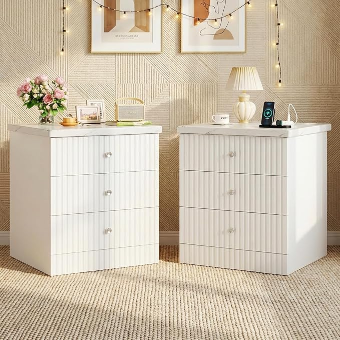 AWQM Nightstand Set of 2, Night Stand with Charger Station and 3 Drawers, End Table for Bedroom, Modern Nightstands with Storage, Suitable for Bedrooms, White by AWQM