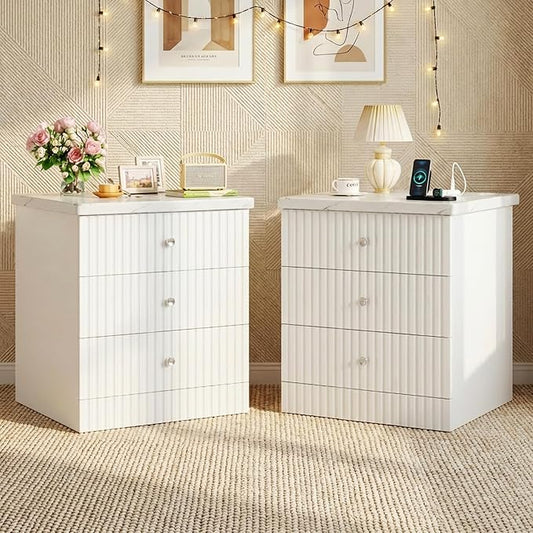 AWQM Nightstand Set of 2, Night Stand with Charger Station and 3 Drawers, End Table for Bedroom, Modern Nightstands with Storage, Suitable for Bedrooms, White by AWQM