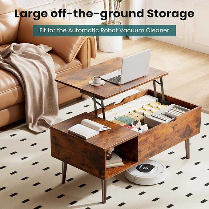NEWBULIG Lift Top Coffee Table with Storage, Wooden Coffee Table for Living Room, Hidden Compartment & Open Shelf, Small Space Center Table, Rustic Brown