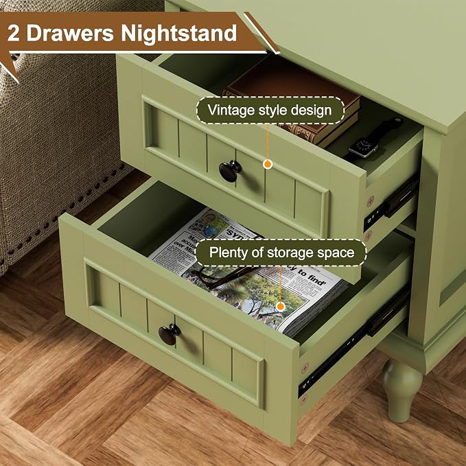 Scurrty Vintage Nightstand, Antique End Table with 2 Drawers, Taller Nightstand for Bedroom, Side Table for Bedroom,Green (Single) - Image 6