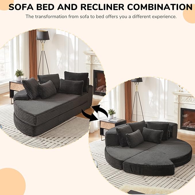 ERYE Oversized Round Sofa Chaise Daybed Comfy Corduroy Couch Boneless Sleeper Recliner Sofabed with 10 Pillows and Headrests