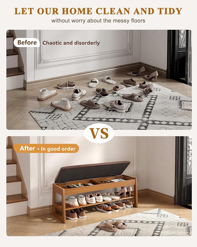 Shoe Rack Bench with Hidden Storage, 2-Tier Solid Rubberwood Entryway Bench with Soft Leather Cushioned Seat & Flip-Top Storage, 330lbs Capacity, Wooden Shoe Organizer for Hallway, Closet, Foyer - Image 4