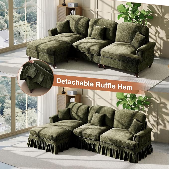 Rovibek 107” L Shaped Couch, Chenille Midcentury Modern Sofa with Detachable Ruffle Hem, Sectional Couches for Living Room with Throw Pillows & Ottoman, Green