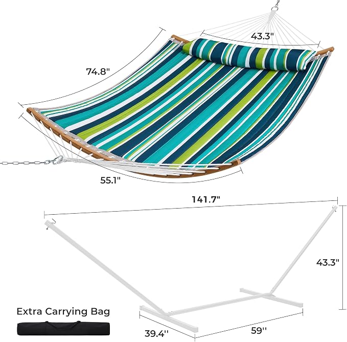 SUPERJARE Curved-Bar Hammock with Stand, 2 Person Heavy Duty Hammock Frame, Detachable Pillow & Portable Carrying Bag, Perfect for Outdoor & Indoor, Blue-Green Stripe - Image 8