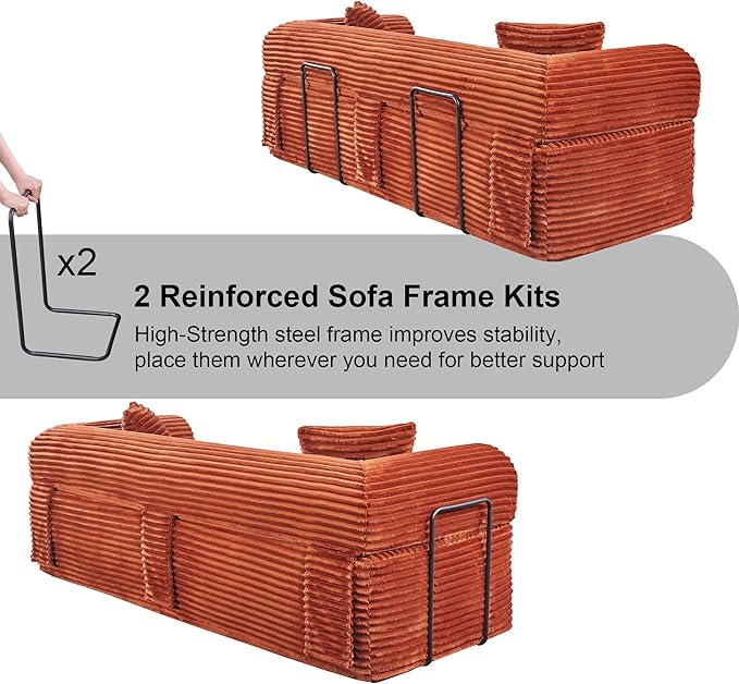 83'' Boneless Couch in A Box, No Assembly Needed Sofa Bed Couch 3 Seater Corduroy Modern Cloud Sofa 29'' Deep Seat with 2 Pillows & Removable Backrest for Living Room, Bedroom, Apartment, Orange | No Assembly Needed, High Density Foam, Removable Backre...