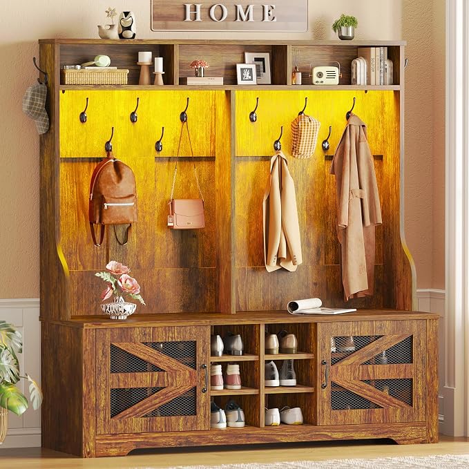 Itaar Hall Tree with Bench and Shoe Storage, 5-in-1 Entryway Bench with Coat Rack, 16 Shoe Cubbies & 12 Coat Hooks, Barn Door & Adjustable Shelf (Rustic Brown) by Itaar