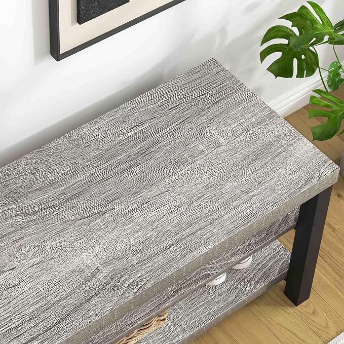 FOLUBAN Storage Bench, Vintage Wood Shoe Bench for Entryway Hallway, Industrial Indoor Shoe Rack Seat for Bedroom, Living Room, Light Grey, 43.3 Inch - Image 5