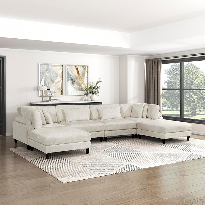 Lexicon 160 Inch Modular Sectional Sofa - Oversized 6 Seater Microfiber U Shaped Sectional Couch, 6 Accent Pillows, and Flexible Arrangement for Modern Living Rooms, Beige