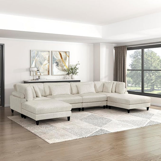Lexicon 160 Inch Modular Sectional Sofa - Oversized 6 Seater Microfiber U Shaped Sectional Couch, 6 Accent Pillows, and Flexible Arrangement for Modern Living Rooms, Beige