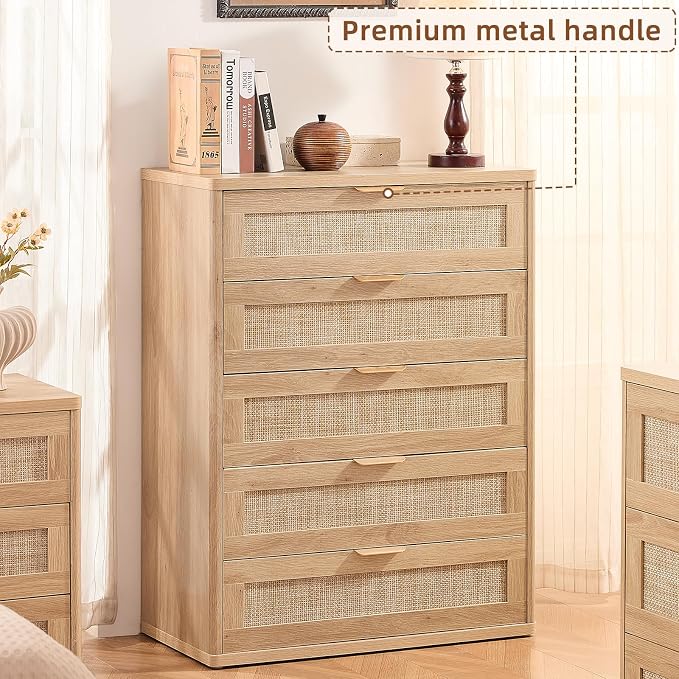 LEYAOYAO Rattan Dresser for Bedroom Set 2, 41" Tall Chest of Drawers, Modern 5 Drawers Boho Dressers with Storage, Light Oak Dresser Wooden Closet Organizer for Living Room, Hallway, Natural Wood - Image 4