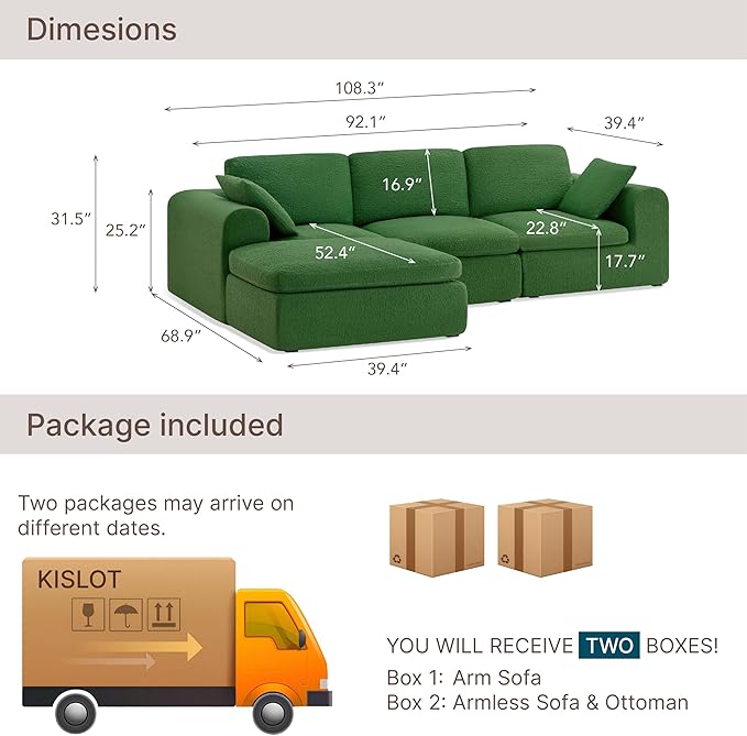108" Boneless Cloud Couch Sectional No Assembly Required Modular Sofa with Deep Seat for Living Room L Shaped Couch with Ottoman Snowflake Fabric and Memory Sponge Moss Green