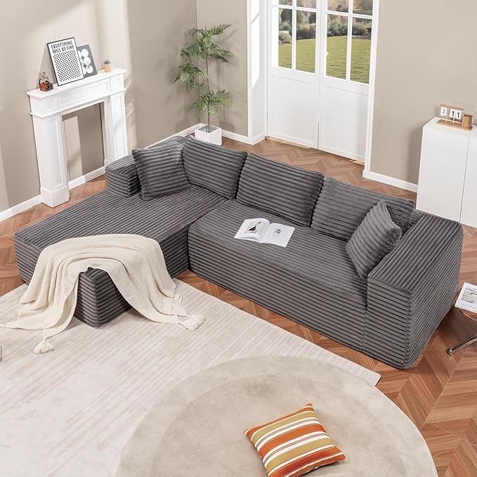 LUCKLIFE 108" Modular Sectional Couch with L-Shape Chaise,Corduroy Upholstery Boneless Couches for Living Room,Oversized Sleeper Sofa,No Assembly Required (Grey, L Shape with Left Facing Chaise)