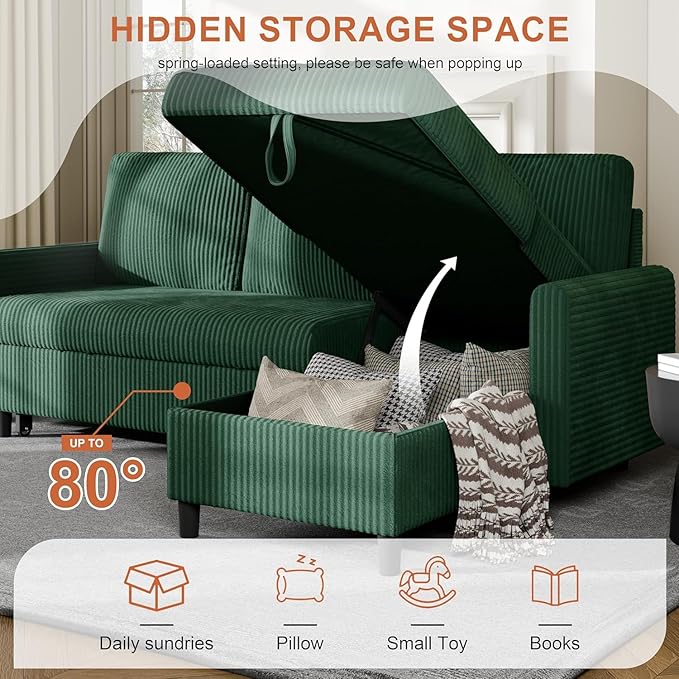 Shintenchi Futon Sofa Bed Convertible Couches L Shaped, 4‑in‑1 Sectional Sleeper Sofa Pull Out Couches for Living Room, Multifunctional Couch with Storage Chaise Corduroy Fabric, Green