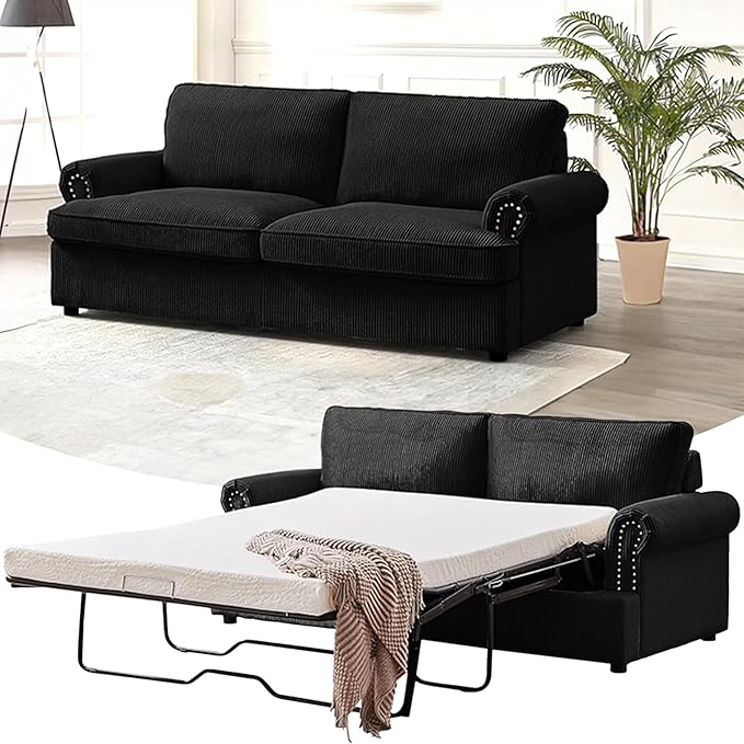 Reversible Sleeper Sofa Bed with Comfortable Memory Foam Mattress, Convertible Corduroy Full Size Pull Out Couch for Living Room, Space Saving Furniture, 76" Wide, Rounded Arms, Black