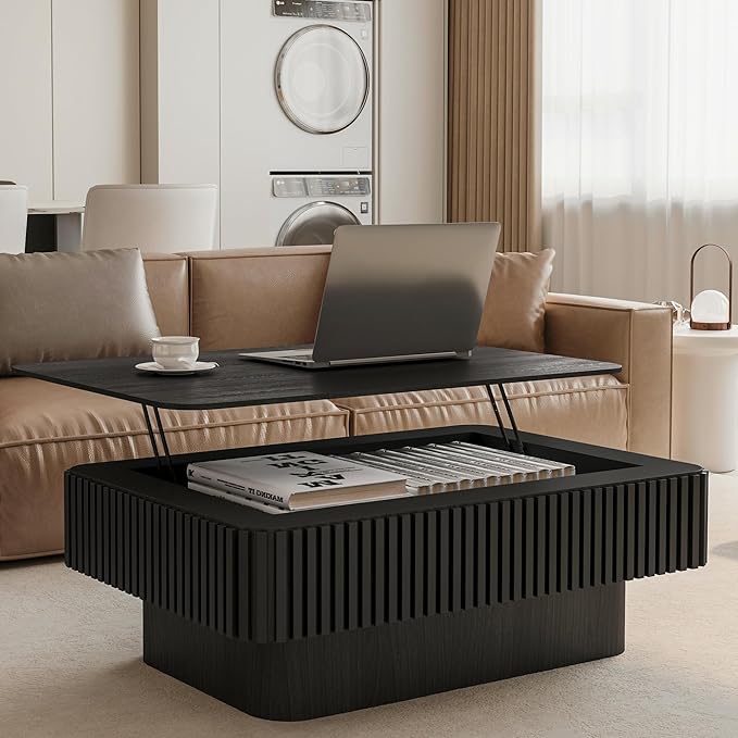 Black Coffee Table with Lifting Top with Storage for Living Room,Fluted Lift Top Coffee Tables with Solid Wood Center Table 38.6'' Modern Smart Rectangular Lift Up Tabletop for Apartment Office
