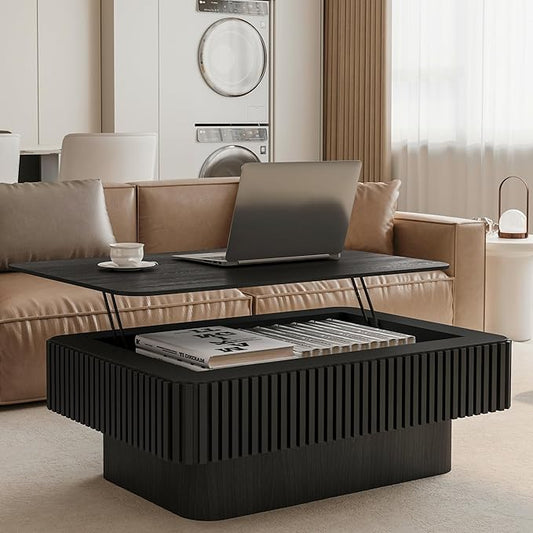 Black Coffee Table with Lifting Top with Storage for Living Room,Fluted Lift Top Coffee Tables with Solid Wood Center Table 38.6'' Modern Smart Rectangular Lift Up Tabletop for Apartment Office