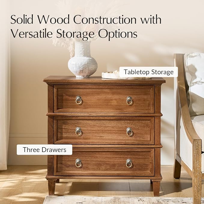 HULALA HOME Farmhouse End Tables Set of 2 with 3 Drawers, Paulownia Solid Wood Side Table with Vintage Knobs, Ancient End Table with Charging Station, Easy Assembly, Cherry - Image 3