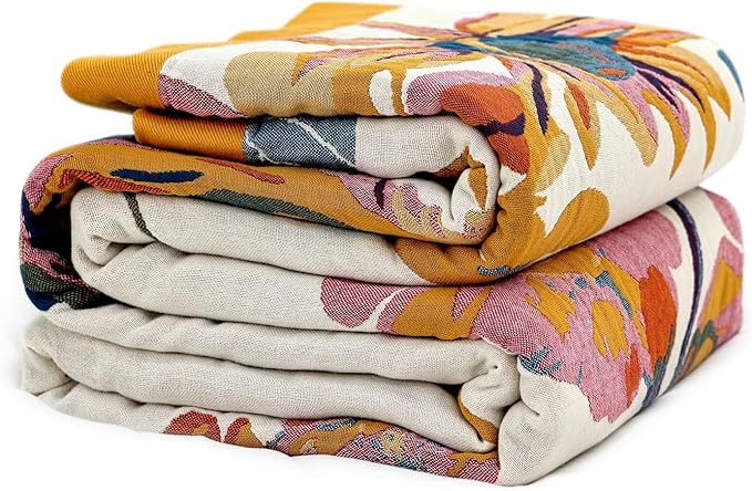 King Throw Blanket for Bed 100% Cotton Boho Soft Rustic Quilt Butterfly and Floral Double Embroidery Breathable Spring Bed Blanket,90"x108" All Season Blankets for Bedding Couch Home Decor