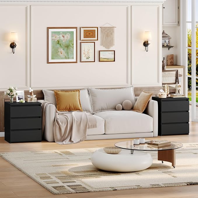 FOTOSOK Nightstand Set of 2 Black Nightstand with 3 Drawers, Black Bedside Table Night Stand for Bedroom with Cut-Out Handle, Sofa Side Table 3 Drawer Nightstand for Bedroom, 17.7W*15D*21.7H - Image 4