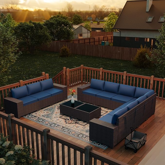 12 PCS Outdoor Patio Furniture Set,Outdoor Sectional Furniture All Weather PE Rattan Wicker Patio Conversation Set with 2 Coffee Tables and 10 Thickened Cushions,Navy Blue