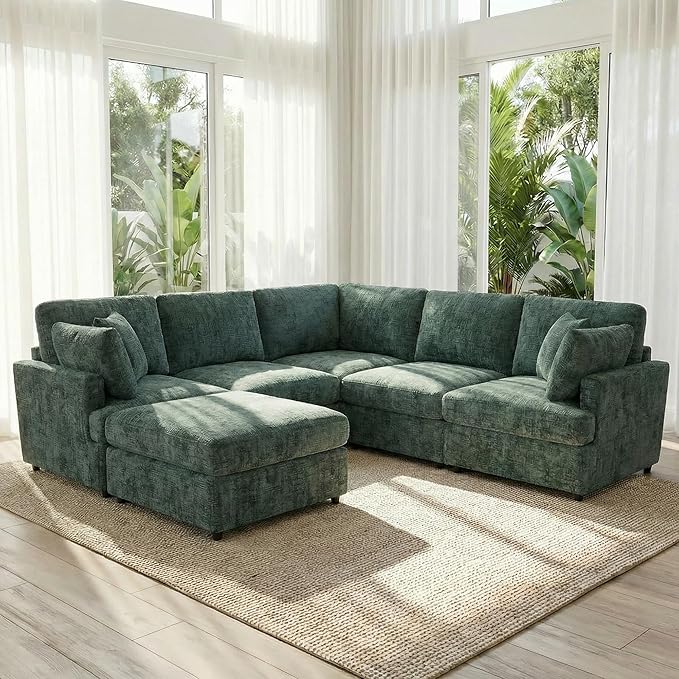 ERYE 122-Inch Modern Corner Modular Sectional Sofa Couches with Ottoman and 4 Toss Pillows, Comfy Chenille Upholstered U-Shaped Sofa Convertible L-Shaped Symmetrical Couch