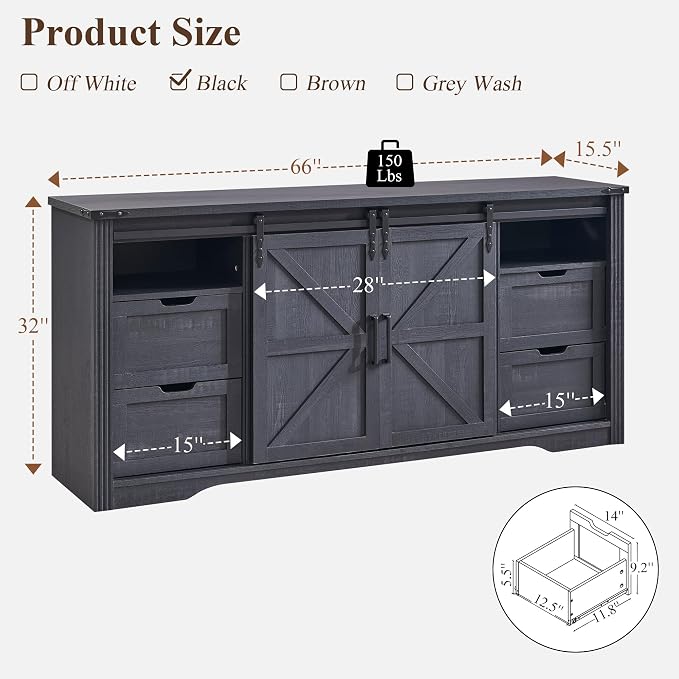 JXQTLINGMU Farmhouse TV Stand for 75+ Inch TV, 32" Tall Entertainment Center w/4 Drawers & Sliding Barn Door, Rustic Media Console w/Storage Shelves, 66" Wood Television Stand for Living Room, Black - Image 3