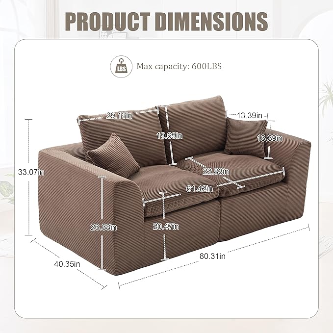 80.3" Cloud Loveseat Boneless Sofas for Living Room, 2 Seaters Modular Foam Cloud Sofa Couches, 2 Seat Compression Foam Couch with Toss Pillows, No Assembly Required