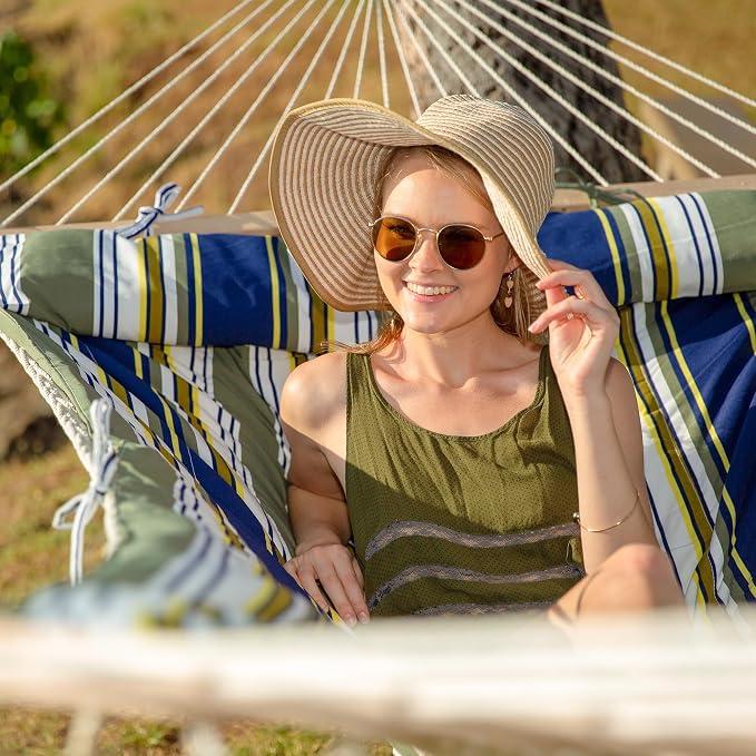 SUNCREAT Hammocks Double Outdoor Hammock with Stand, Cotton Rope Two Person Hammock with Polyester Pad & Large Pillow, Blue& Gray - Image 2