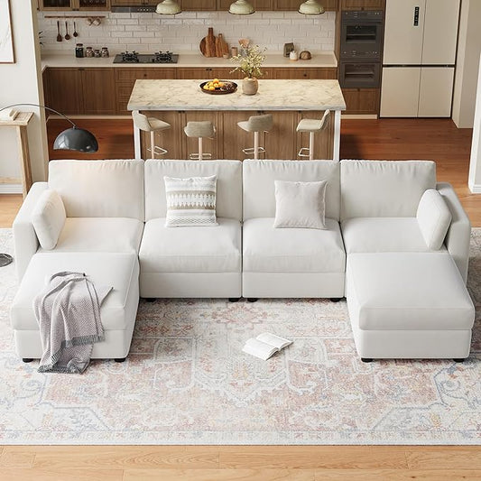 GAOMON Oversized Modular Sectional Sofa, 6 Seater Sectional Couch, 136" U Shaped Sofa with Movable Ottoman, Convertible Modular Couch for Living Room Apartment and Office, Chenille Beige