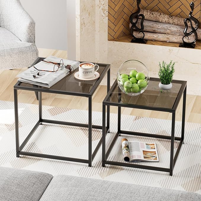 Garden 4 you Coffee Table Set of 2, Modern Glass Nesting Table, Metal Frame Square Center Table Set, Side Tables, Nesting Coffee Table for Living Room, Bedroom and Small Spaces, 19.7in Grey