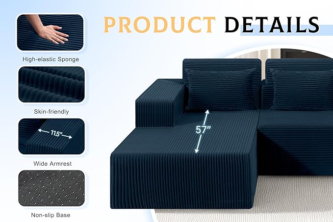 Homguava Modular Sectional Couches for Living Room,105" Cloud Couch with L-Shape Chaise,Comfy Sofa Living Room Sofas with Deep Seat,No Assembly L Couch,Corduroy Fabric(Blue,L)