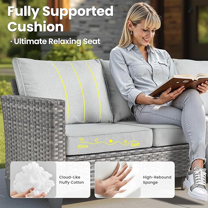 ovios Patio Furniture Set, 6 Pieces Outdoor Wicker Sofa Couch with Loveseat, Ottomans and Comfy Cushions, All Weather High Back Rattan Conversation Set, Grey