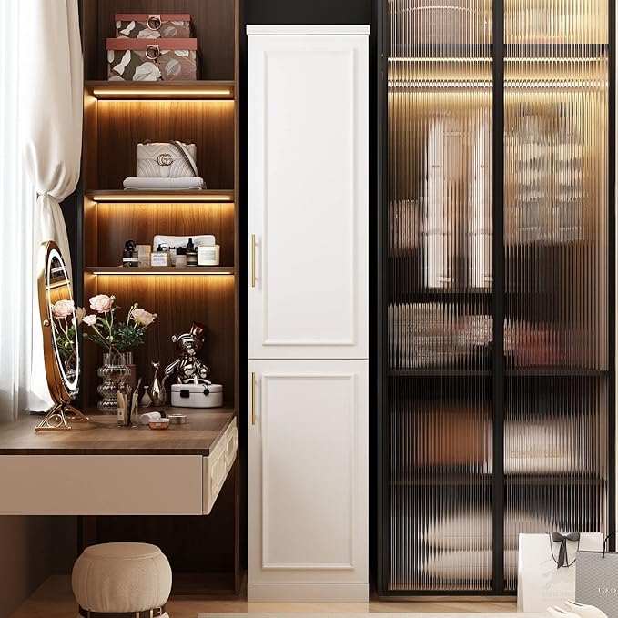 FAMAPY 2 Door Wardrobe Tall and Narrow Armoire Wardrobe with Hanging Rod, Gold Metal Handles, Closet for for Bedroom White (15.7”W x 19.3”D x 74.9”H)