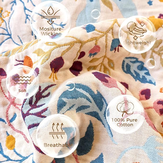LUTBM Boho Throw Blanket with Florals & Leaves Embroidery Reversible Lightweight Cotton Gauze Throws for Couch,Bed,Sofa & Chair Decor - Bohemian Living Room Accent Gift 60"x80"