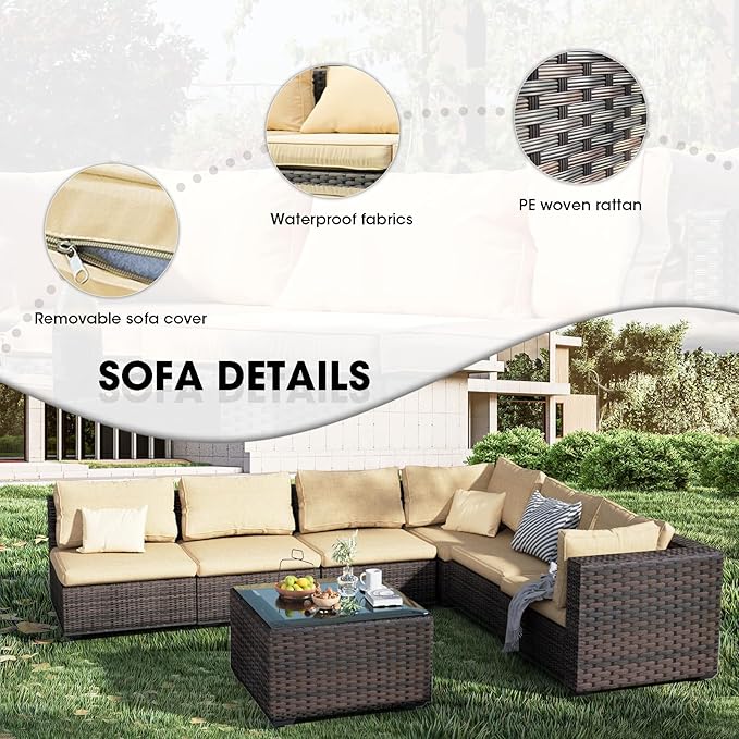 3 Piece Patio Furniture Set All Weather PE Rattan Outdoor Sectional Sofa Couch with No-Slip Cushions and Glass Top Table for Garden, Poolside, Backyard (Beige)