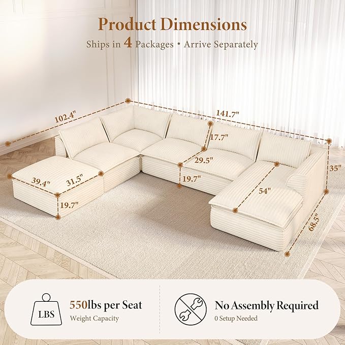 Vesgantti 141.7" Oversized Sectional Boneless Couch, Modern 7 Seater Modular Sofa with Chaise & Ottoman, Deep Seat Plush Corduroy Cloud Couches for Living Room, No Assembly Required, Beige
