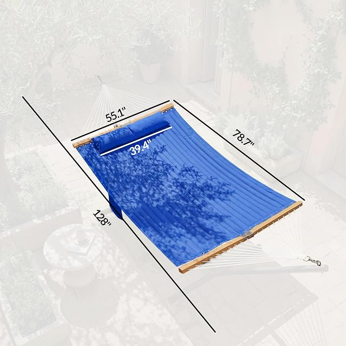 Outsunny Outdoor Hammock, 2-Person Hammock with Head Pillow and Pad, Wood Spreader Bars, 440 lbs Capacity, for Patio Yard Garden, 128" x 55", Navy Blue - Image 7