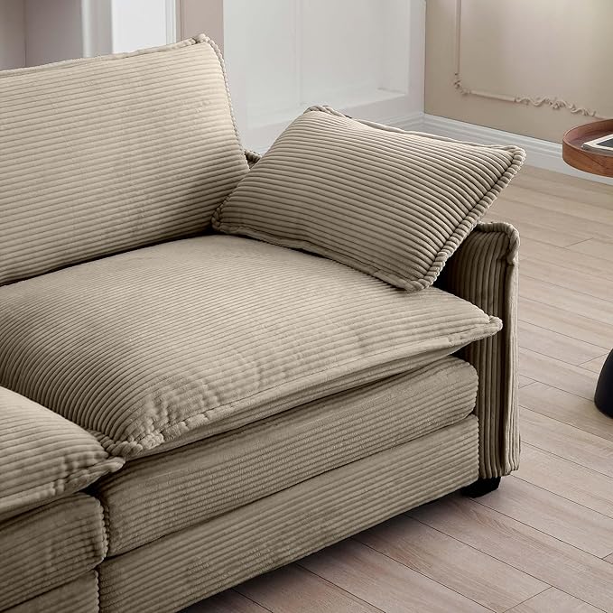 KEIKI 115" U-Shaped Oversized Corduroy Modular Sectional Sofa with 2 Ottoman, High-Density Foam Cushions, Removable Armrests, Upholstered 3-Seater Corner Couch with 5 Pillow, for Living Room, Tan
