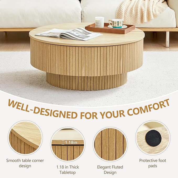 33" Round Coffee Table with Lift-Top & Flip-Top Storage, Modern Accent Fluted Coffee Tables with Metal Frame, Wooden Circle Center Table for Living Room Small Space Apartment Office (Natural)