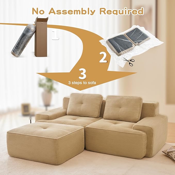 Casaphoria 80" Camel Corduroy Cloud Couch, Boneless Modular Sectional Sofa for Living Room with Deep 2-Seat & 1-Ottoman, L Shape Cloud Couch No Assembly Required