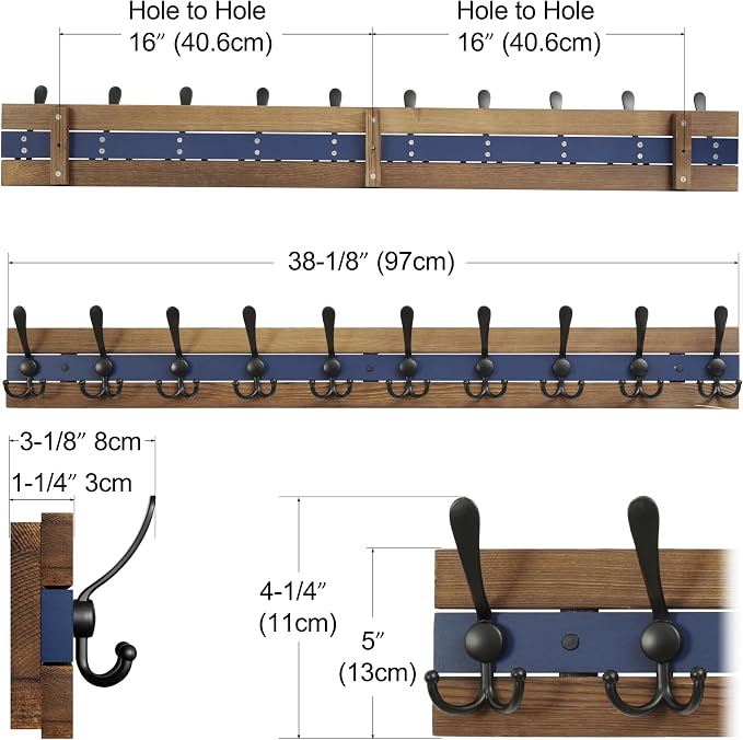 SKOLOO Rustic Wall Mounted Coat Rack - 38-1/8" Long Coat Hooks for Wall with 10 Triple Hooks for Hanging Coats, Hats or Tools, Western National Parks Collection, Wood Brown & Blue - Image 6